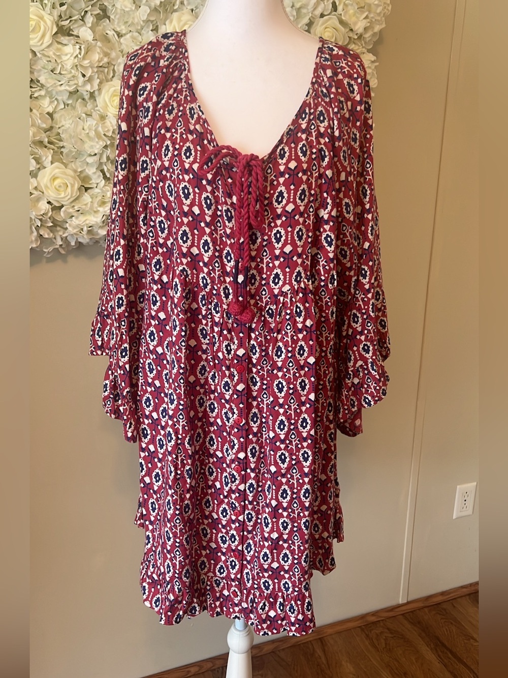 Roxy Maroon Printed Tie-Front Button Down Boho Tunic Dress